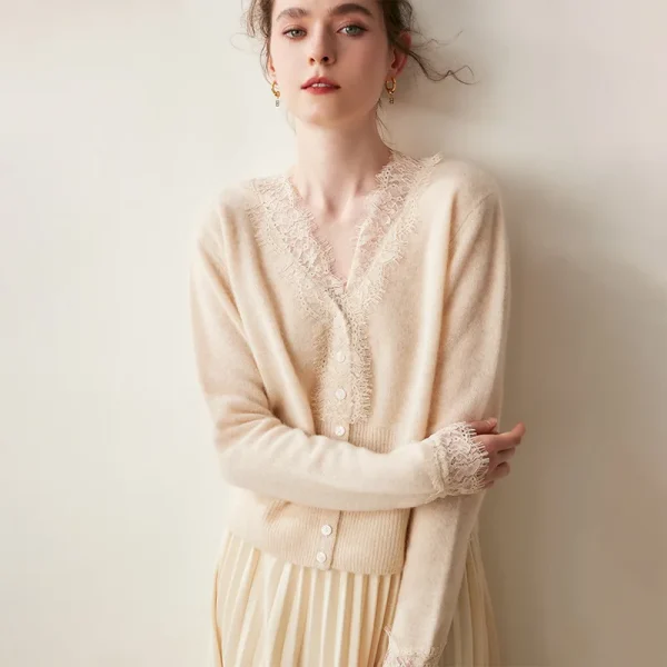 Fashionable Ladies V-Neck Lace Cashmere Cardigan Autumn Casual Cropped Button Wool Cashmere Knitted Cardigan Sweater for Women