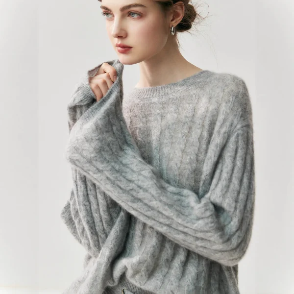 Light Silk Cashmere Knit Sweater Women Crew Neck Cable Casual Loose Pullover in Inner Mongolia
