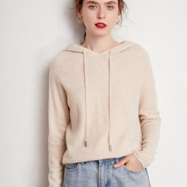 Women's Blended Cashmere Hoodie Thick Rib Knit Loose Short Pullover for Autumn Winter