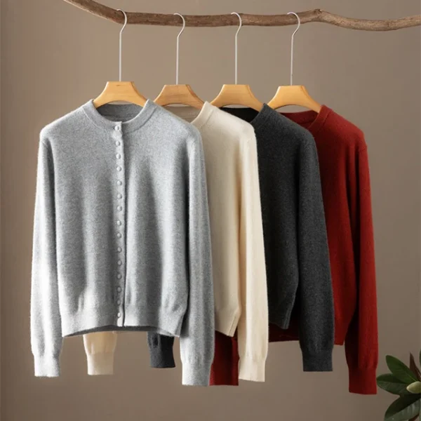 Women 100% Cashmere Cardigan Top New Soft Solid Long Sleeve Crew Neck Knitted Cardigan Sweater Mongolia