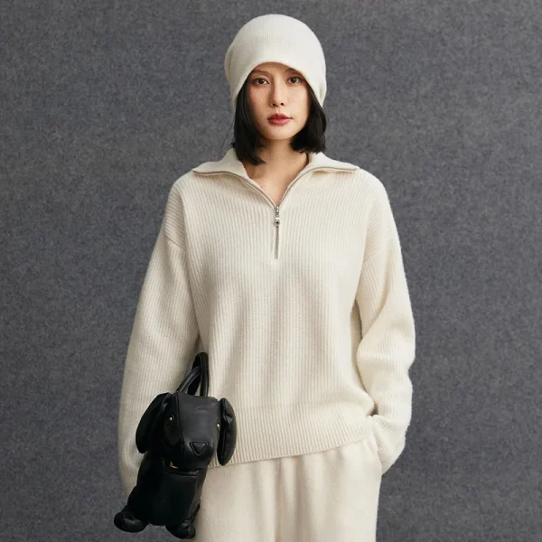Half Zip Mongolia Cashmere Jumper Rib Knit Collar Warm Women's Cashmere Pullover Sweaters for Autumn Winter
