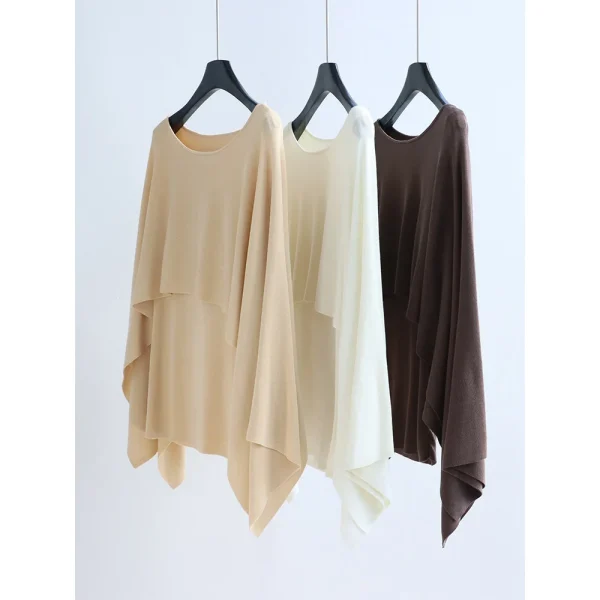 26 Spring Lyocell Knit Thin Sweater Faux Two-Piece Cape-Style Round Neck Pullover Casual French Style Top for Women