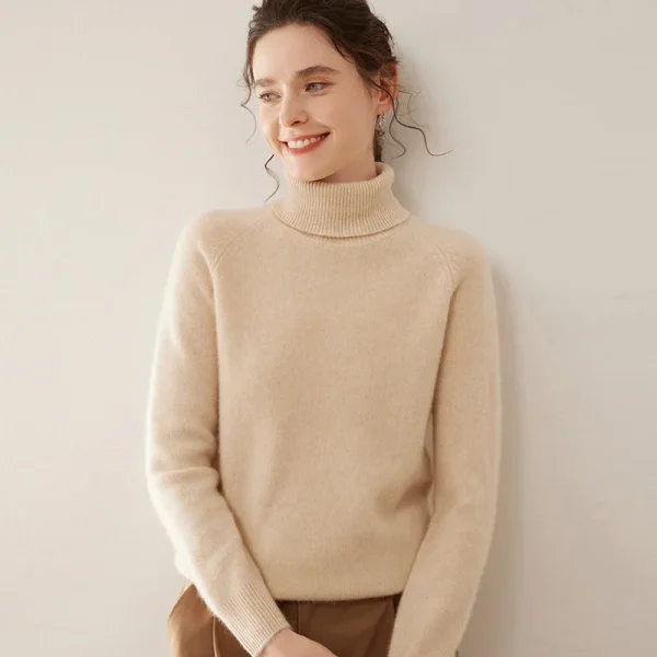 High Collar Cashmere and Wool Sweater for Women Solid Color Double-Strand Thickened Solid Color Knitted Base Sweater