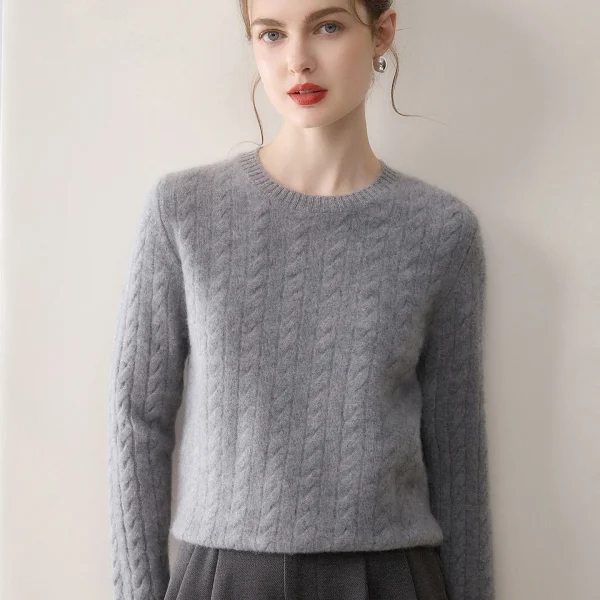 Slim Fit Cable Pattern 100 Pure Cashmere Sweater Round Neck Long Sleeve Women Winter Pullover
