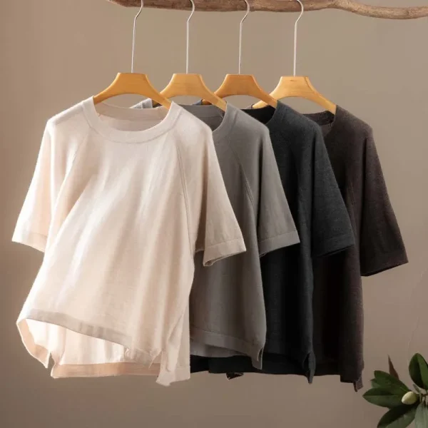 2026 New Style 100% Cashmere Loose Knitted T Shirts for Woman Summer Wear
