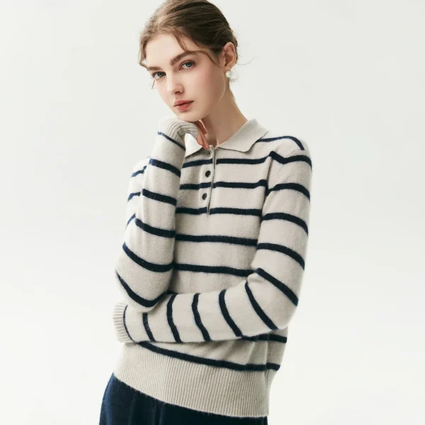 2026 Autumn/Winter New Style 30% Cashmere Knitted Sweater POLO Collar Half-button Pullover Long-sleeve Striped Versatile Top