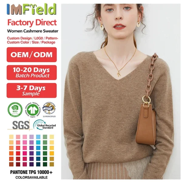 Women's Cashmere Sweaters V Neck Solid Color Seamless Knit Pullover Winter Warm Blend Soft Ladies Jumper