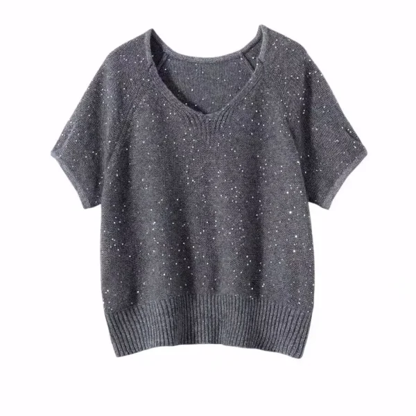 Women's Wool Cashmere Knitted Top Short Sleeve Pullover Elegant Loose V-neck Sequined Cashmere T-shirt