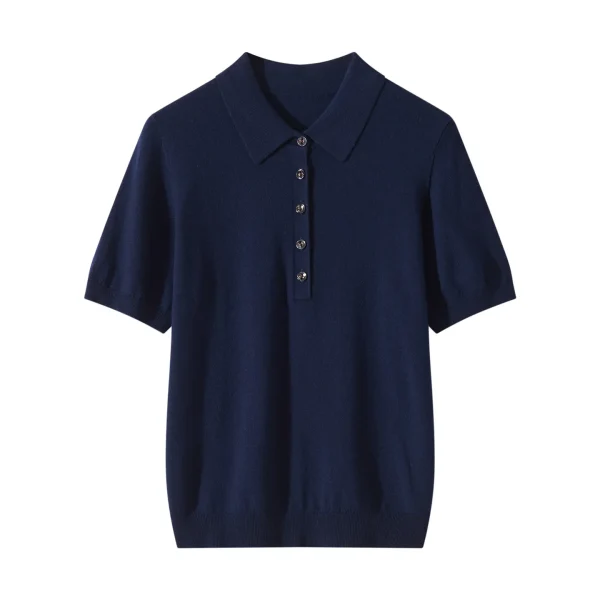Women 100% Merino Wool T-shirt Casual Knitted Short Sleeve Wool Sweater Polo Collar with Buttons