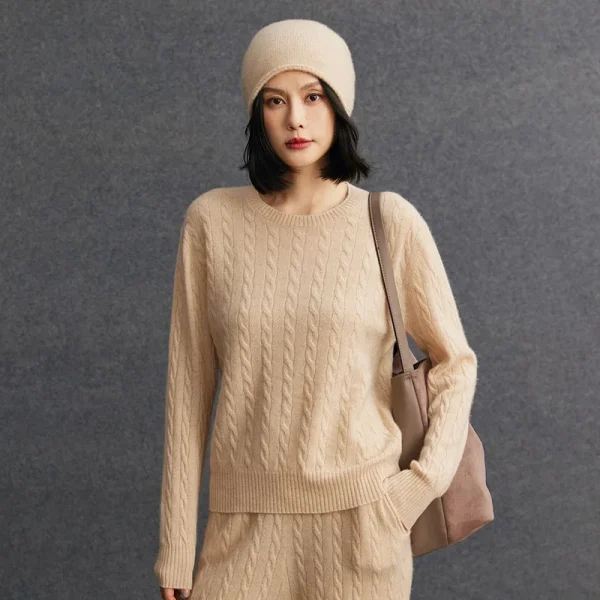 Cable Knit Cashmere Pullover Solid Color Round Neck Winter Warm Women's Cashmere Sweater