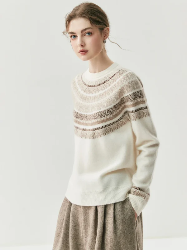 Nordic Color-Block Jacquard Cashmere Sweater for Women Round Neck Slimming Lazy Style Loose Fit Versatile Fair Isle Sweater