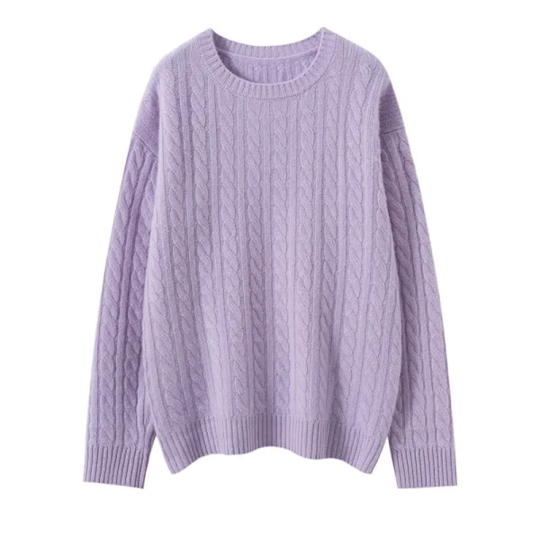 Women's Wool Cashmere Sweater Crew Neck Long Sleeve Cable Knit Pullover Mongolia Jumper