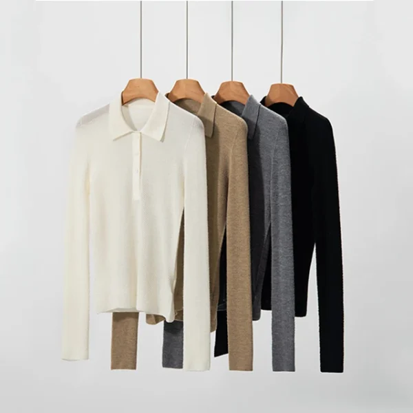POLO Collar 100% Wool Women's Sweater Herringbone Patterned Elegant Slim Fit Pure Wool Knit Base Shirt Pullover