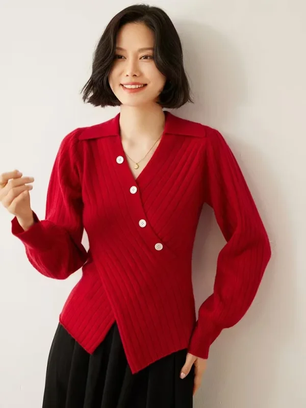Cashmere Wool French Polo Cross V-Neck Slanted Button Knitted Wool Sweater Base Top Autumn Winter Women's Sweater