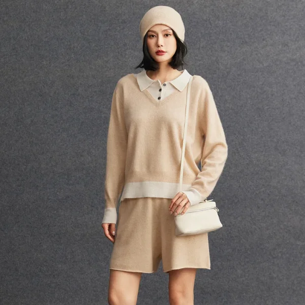 B2B Cashmere Sweaters Mock Two Piece Contrast Knit Jumper Low MOQ Women Cashmere Pullover Wear