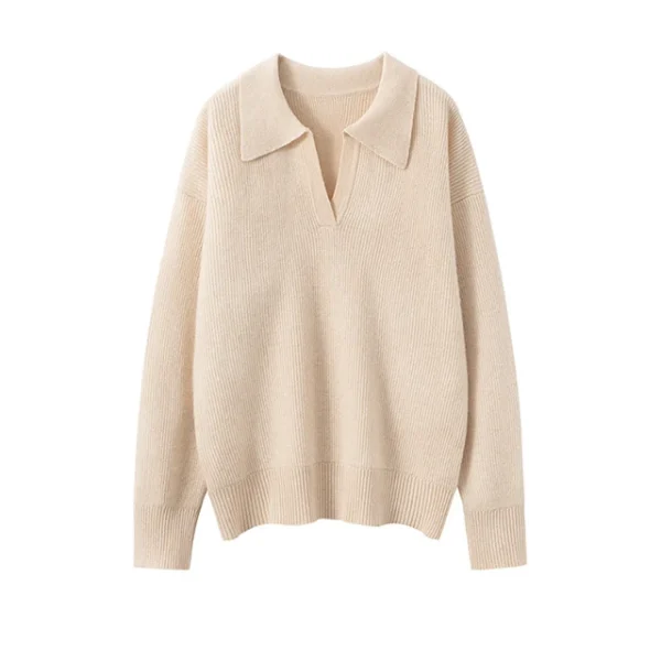 Women's Polo Collar Cashmere Sweater Soft Plain V-Neck Loose Knit Wool Pullover Mongolia