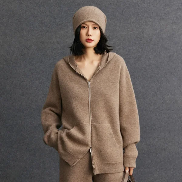 Women's Cashmere Hooded Casual Solid Color Long-Sleeve Cashmere Knit Zipper Cardigan Sweater Add Embroidery