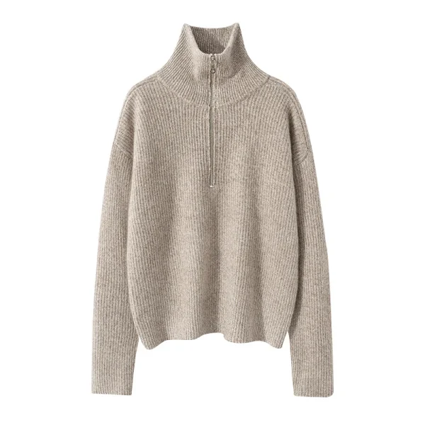 Womens Wool and Cashmere Half Zip Sweater Winter Thick Turtleneck Blended Knitted Pullover Jumper
