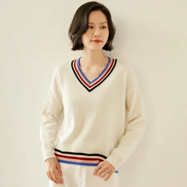 Women's Cashmere Tennis Sweater Fashion V Neck Contrast Stripes Pullover Casual Long Sleeve Knitted Jumpers