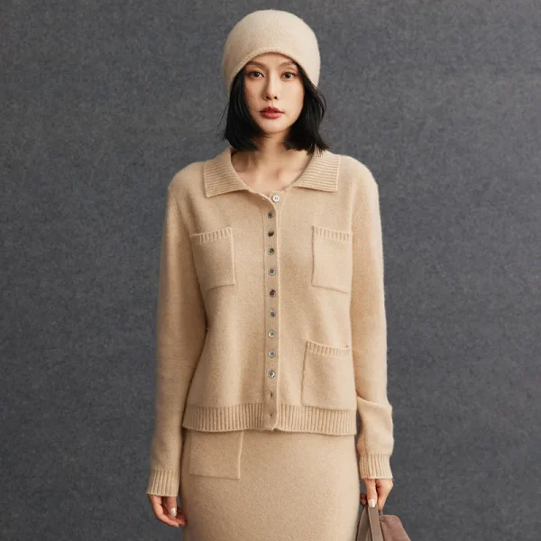 Premium Mongolia Cashmere Cardigan Shirt Collar Multi Pockets Button up Ribbed Edge Outerwear Cashmere Sweater Jacket