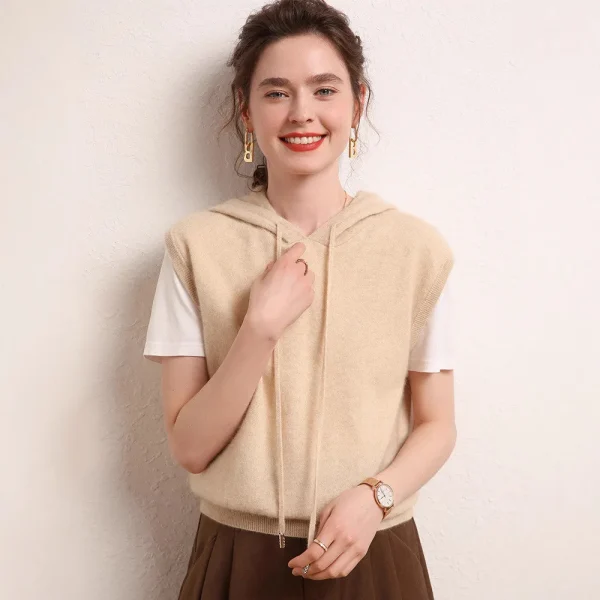 2026 Women's Sleeveless Wool Cashmere Hoodie Casual Soft Knitted Pullover for Autumn Winter Versatile Layering