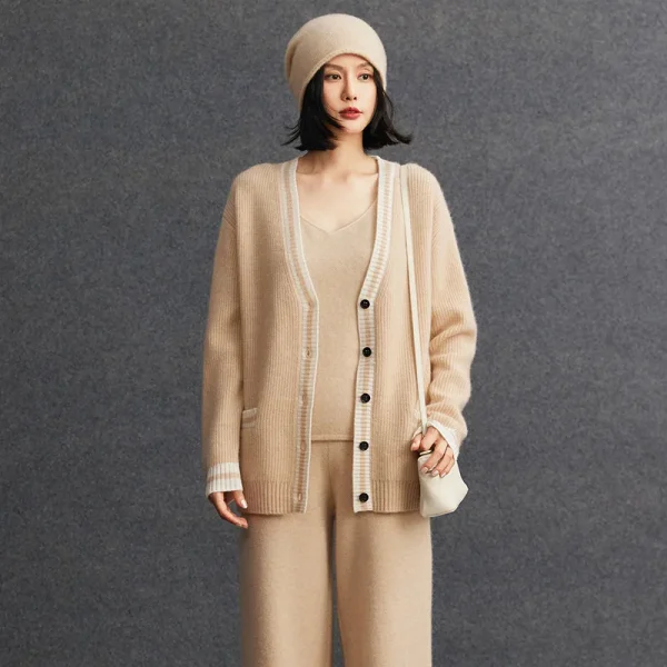 Top Tier Premium Mongolia Cashmere Cardigan Ribbed Knit Striped Trim V Neck Deep Buttoned Cashmere Sweaters Vendor