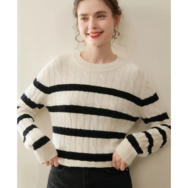 Women Striped Pattern Mongolia Cashmere Jumper Cable Textured O Neck Nautical Cashmere Knitwear