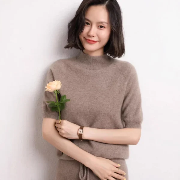 New Short Sleeve Cashmere Sweaters for Women Solid Mock-neck Knitted T-shirt Pullover Cashmere
