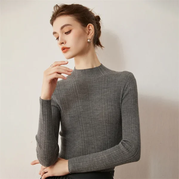 High Quality Half Turtleneck Cashmere Wool Sweater for Women Solid Color Slim Fit Knitted Pullover Base Layer Casual All- Match