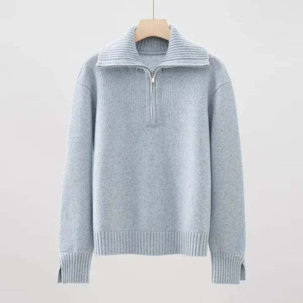 Women's Half-Zip Cashmere Sweater Ribbed High Neck Pullover Comfortable Versatile Wool Knitwear for Autumn Winter