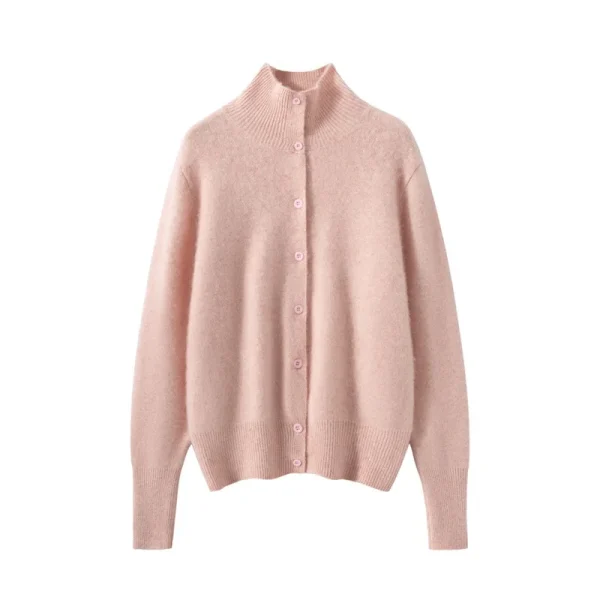 High Neck Button up 100 Pure Cashmere Cardigan Women Stand Collar Loose Knitted Sweater Coat B2B Maker
