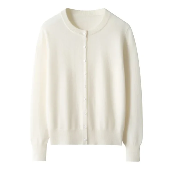 Round Neck 100% Pure Cashmere Knitted Cardigan 12-Needle Plain Weave Regular Shoulder Casual Base Coat for Women