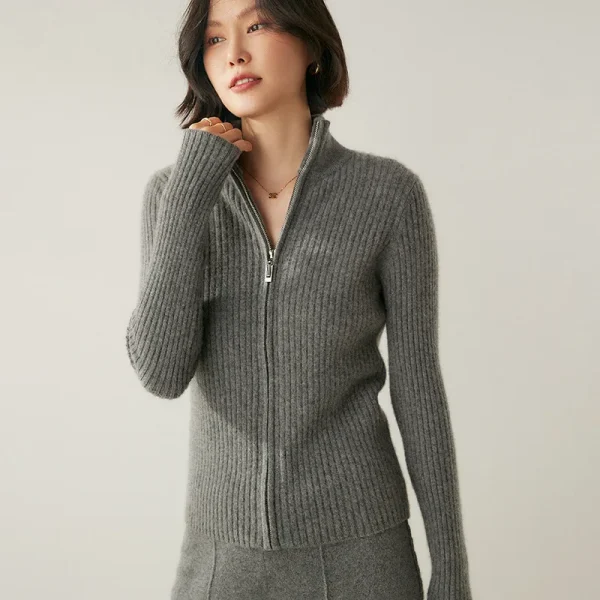 Autumn Winter Women's Open Cardigan Sweaters Fashion Crew Neck Zipper Striped Blend Wool Cashmere Cardigan for Women