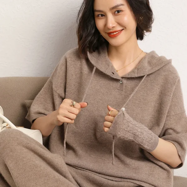 Women's Cashmere Hooded Sweatshirt Solid Color Short Sleeve Blend Knit Sweater Pullover Casual Sports Style for Spring Autumn