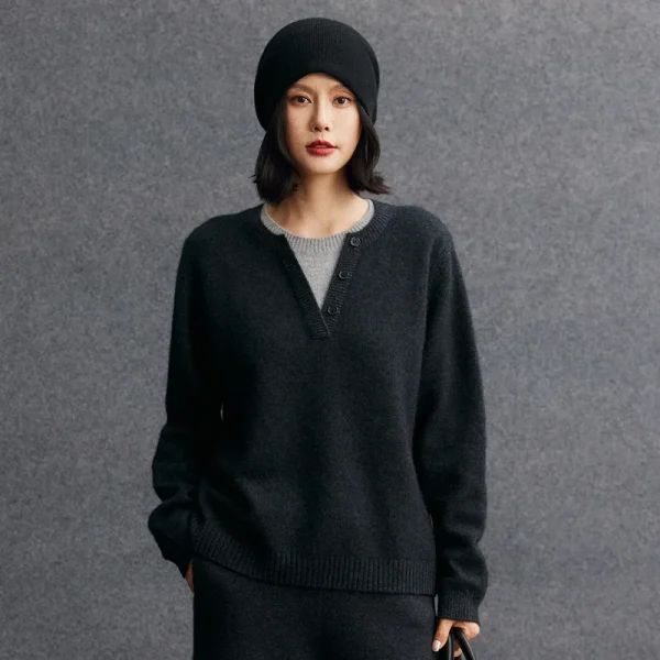 Wool Cashmere Knitwear Placket Button Collar Layered Top Low MOQ F Size Knit Women Sweaters