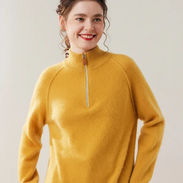 Wool Cashmere Half Zip Womens Sweater Solid Color Knitted Pullover Thick Warm Long-Sleeve Jumper