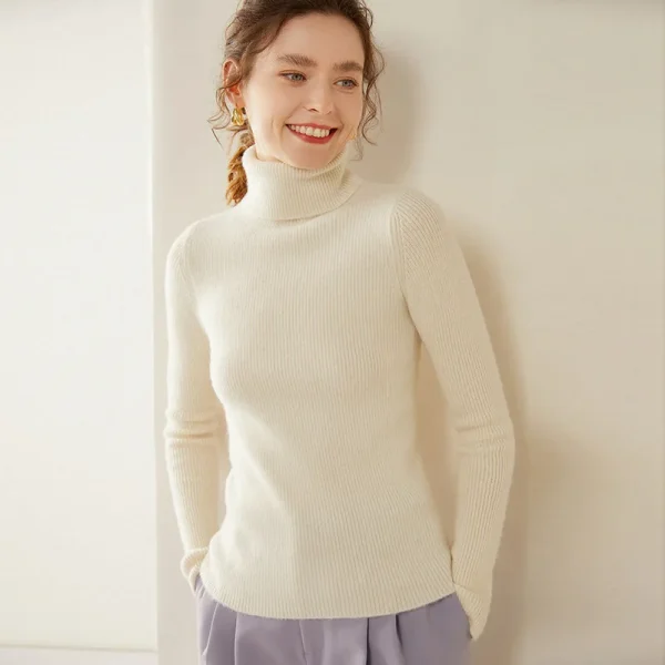 Women White Cashmere Turtleneck Sweater Simple Solid Colors Are Suitable for Ladies Underneath