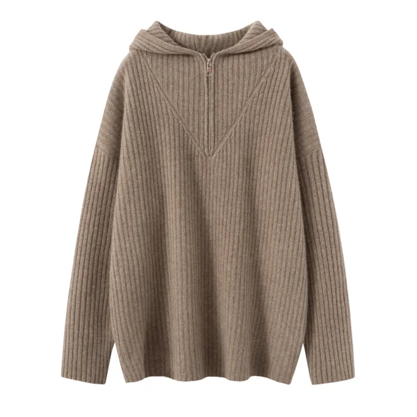 Half Zipper Womens Cashmere Pullover with Hooded Fall/Winter Thickened Warm Rib Knitted Wool Cashmere Sweater