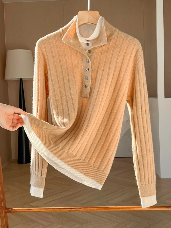 Women's New Autumn Winter Contrast Color Design Pure Wool Korean Style Two-piece Pullover Sweater Knitted Top