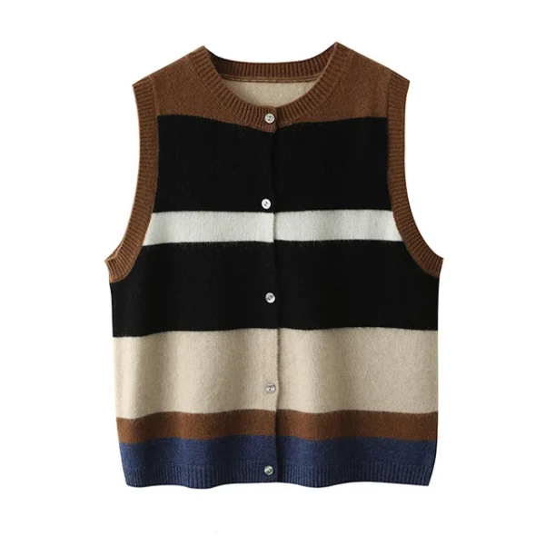 Stripe Women's Cashmere Vest Crew Neck Sleeveless Single Breasted Ladies Cardigan Sweater