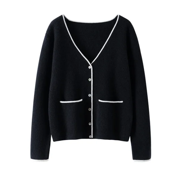 Women's Black Cashmere Cardigan White Color Trim V Neck Long Sleeve Single-Breasted Sweater