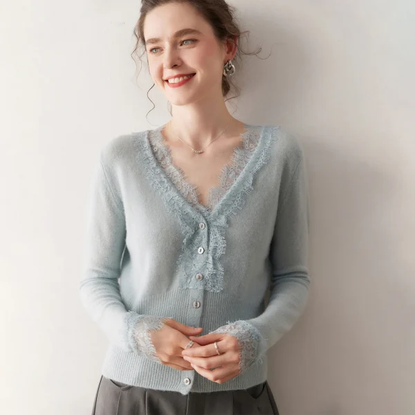 Lace Trim Cashmere Cardigan for Women V-Neck Short Sweater Coat Knitted Wool Cardigan Long Sleeve Autumn Winter New Style