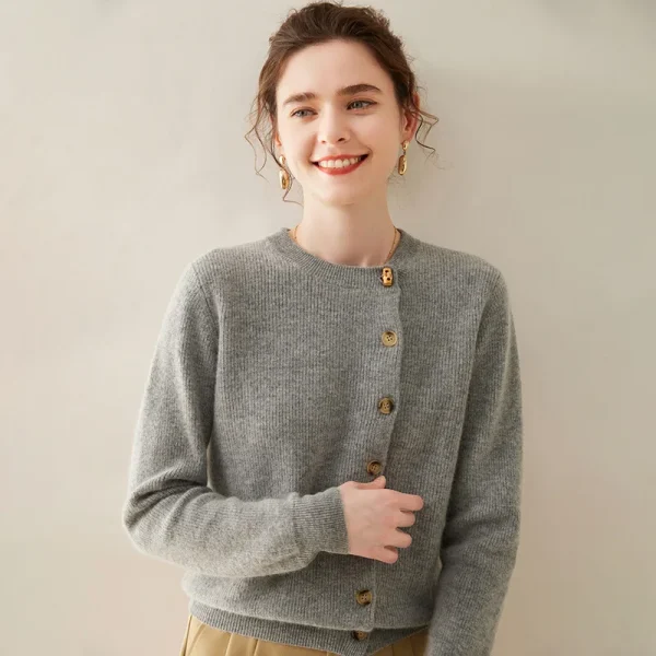 Women's Solid Color Cashmere Cardigan Korean Style Casual Versatile Round Neck Single Breasted Cashmere Sweater Outerwear