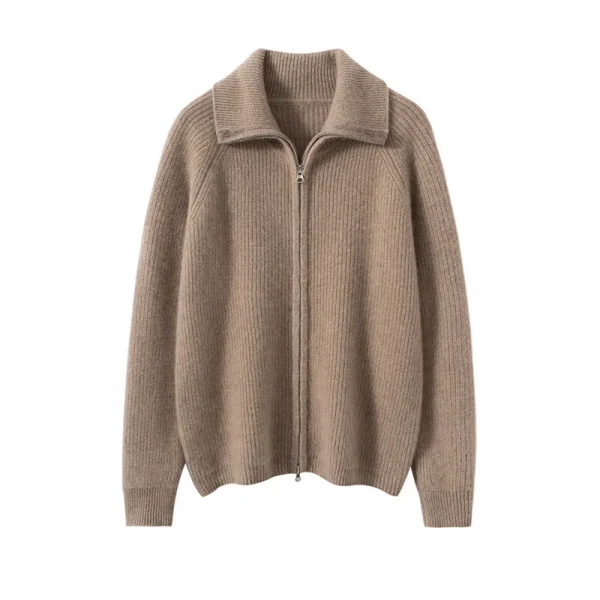 Women's Cashmere Cardigan Solid Color Turtleneck Thick Rib Knitted Wool Cashmere Zip-Up Sweater Jacket