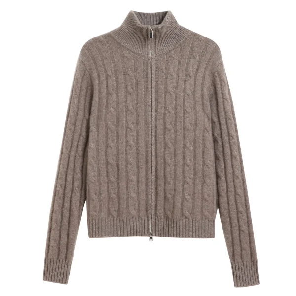 Womens Kashmir Cashmere Cardigan Cable Knit Double Zipper Stand Collar Sweater Inner Mongolia