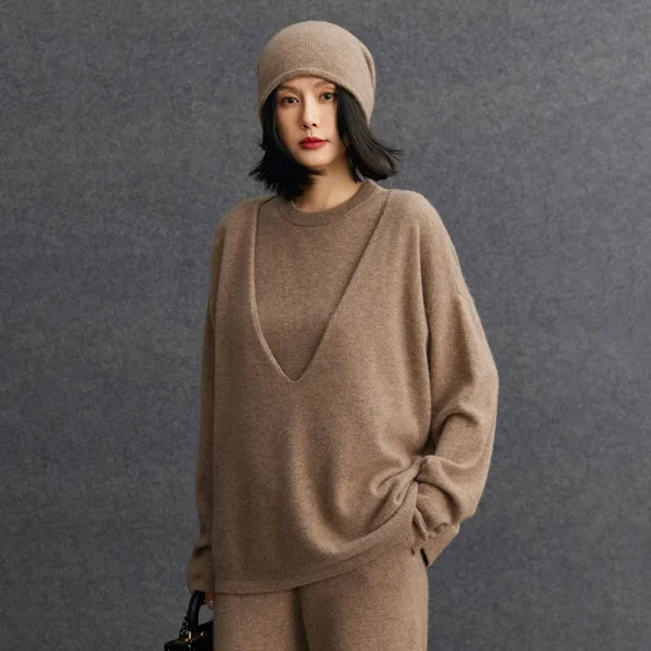 Women's Wool Cashmere Sweater Solid Color Deep V-neck Knitted Pullover for Autumn Winter Loose Lazy Style