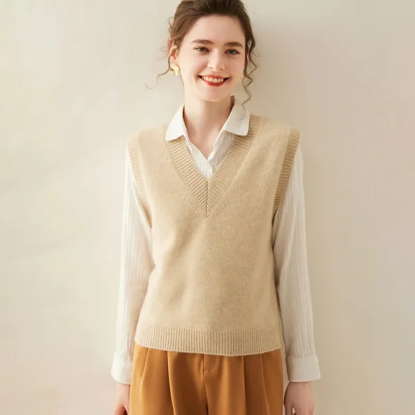 Apparel Sourcing Mongolia Cashmere V-Neck Sweater Vest Plain Knit Sleeveless Pullover Ribbed Trim Layering Knitwear