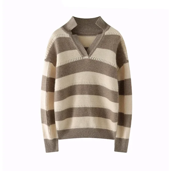 Womens Stripe 100% Merino Wool Sweater V Neck Knitted Pullover Casual Winter Jumper for