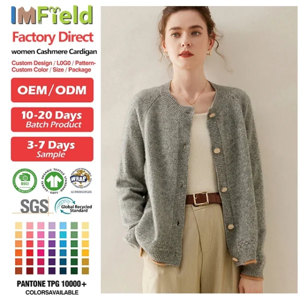 2026 Women's Cashmere Wool Cardigan Solid Crew Neck Long Sleeve Single Breasted Sweater Thick Knitted Casual Ladies Soft Tops