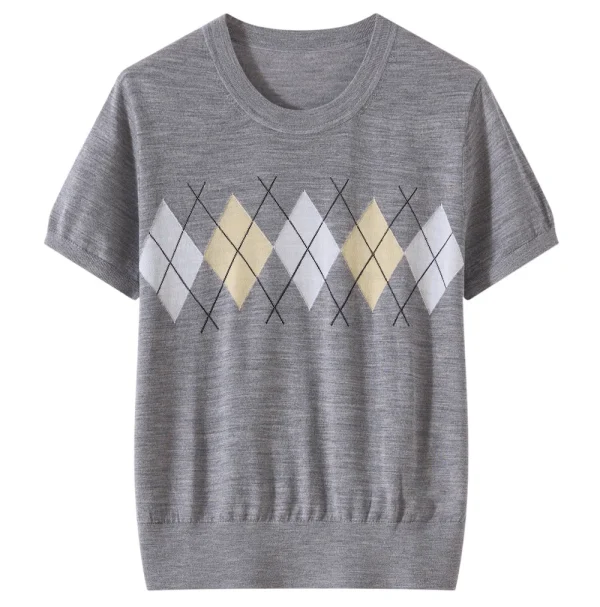 Worsted Wool Women's T-shirt Diamond Pattern Knit Short-sleeved 18gg Wool Top Casual Versatile Machine Washable